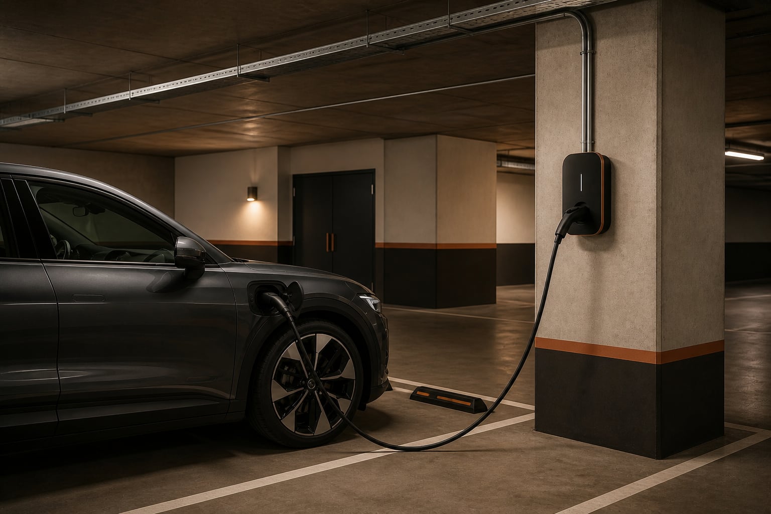 Coche eléctrico conectado a un punto de recarga instalado en un pilar de garaje comunitario