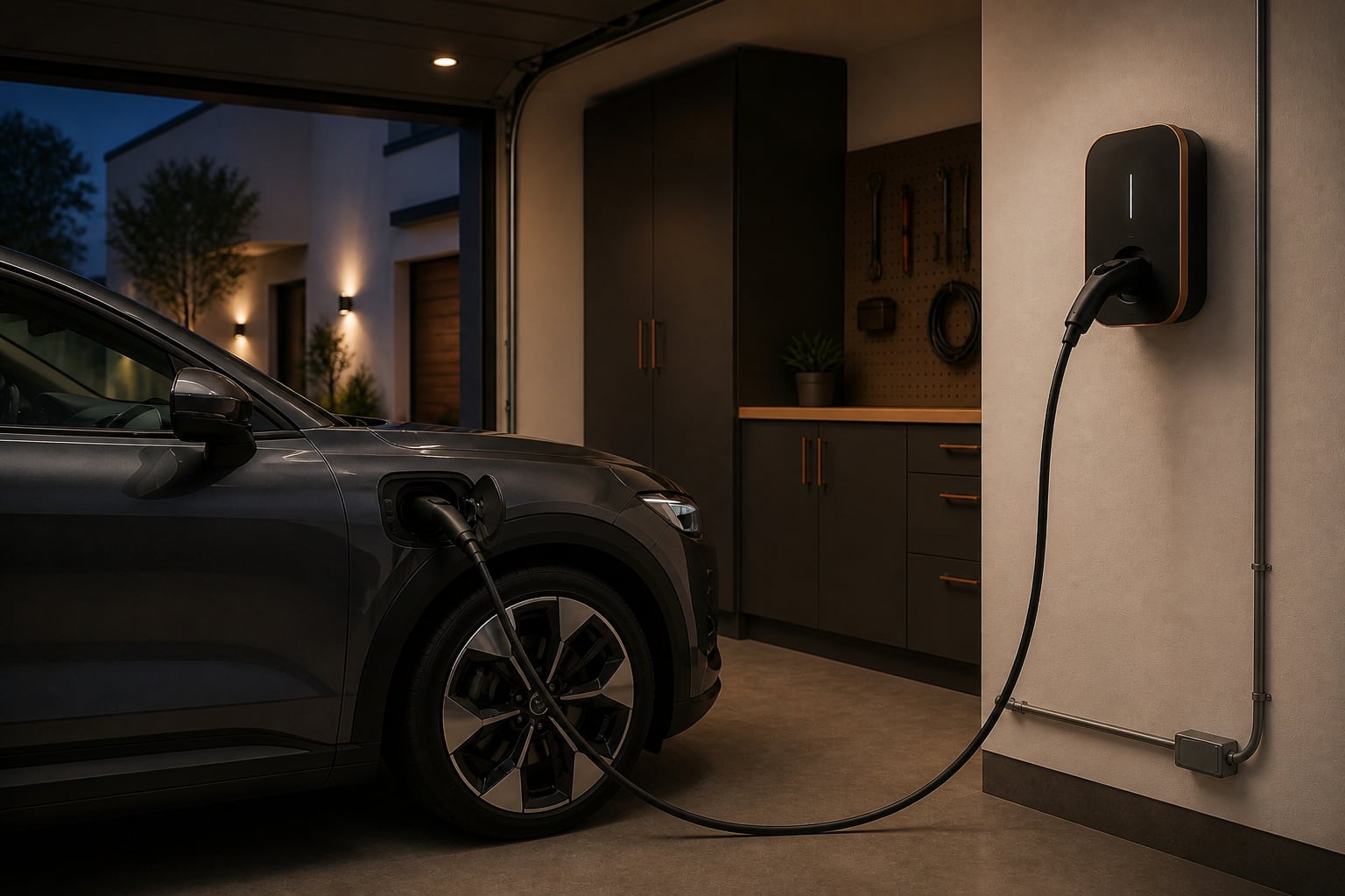 Coche eléctrico conectado a un cargador de pared en el garaje de una vivienda unifamiliar