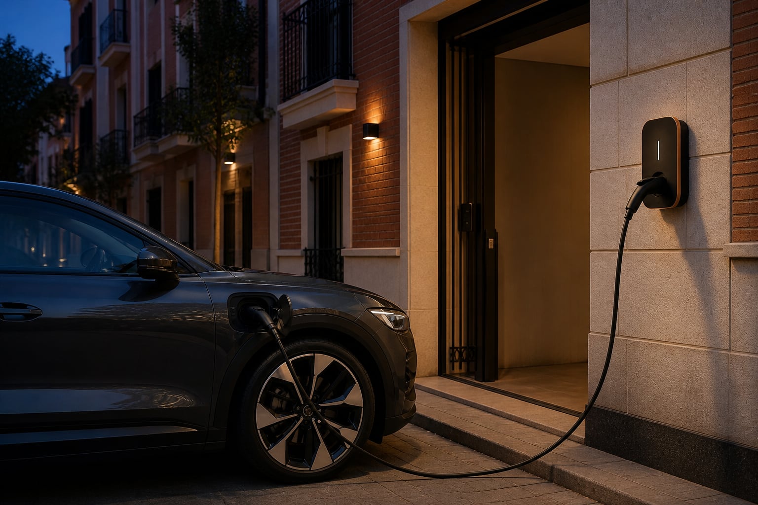 Coche eléctrico cargando junto a un edificio residencial de ladrillo y piedra en Madrid