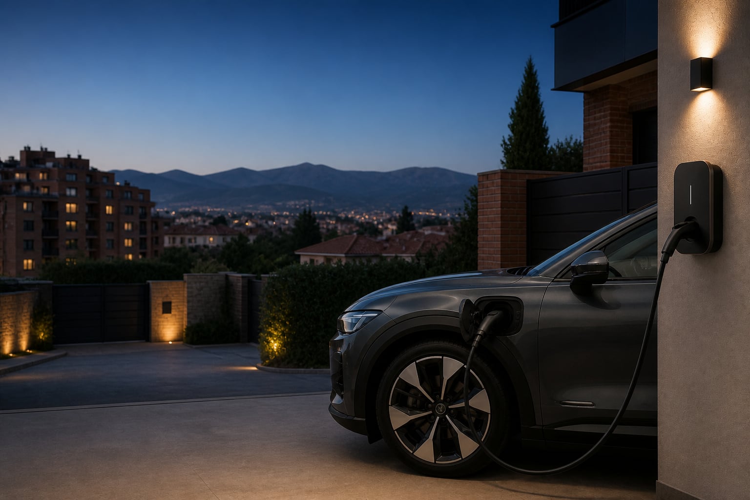 Coche eléctrico cargando en una vivienda con municipios y montañas de la Comunidad de Madrid al fondo